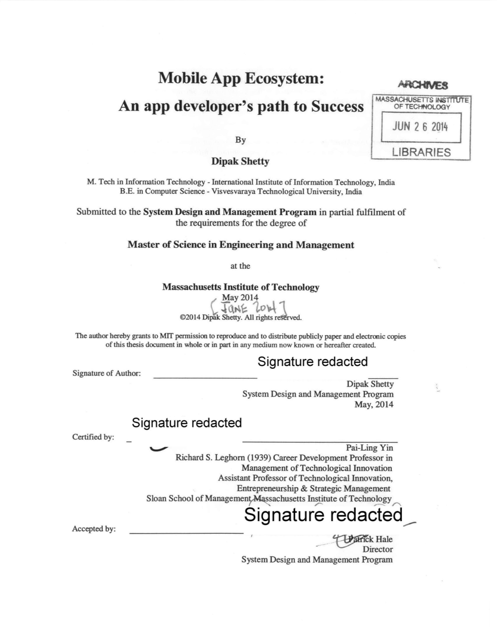 Signature Redacted. K Hale Director System Design and Management Program This Thesis Is Dedicated to My Parents