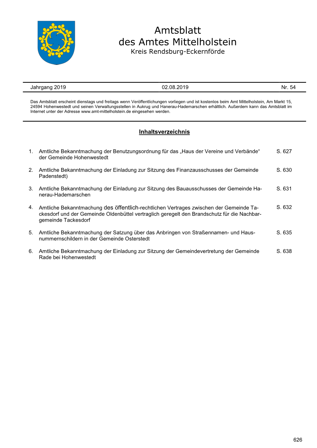 Amtsblatt Des Amtes Mittelholstein Kreis Rendsburg-Eckernförde