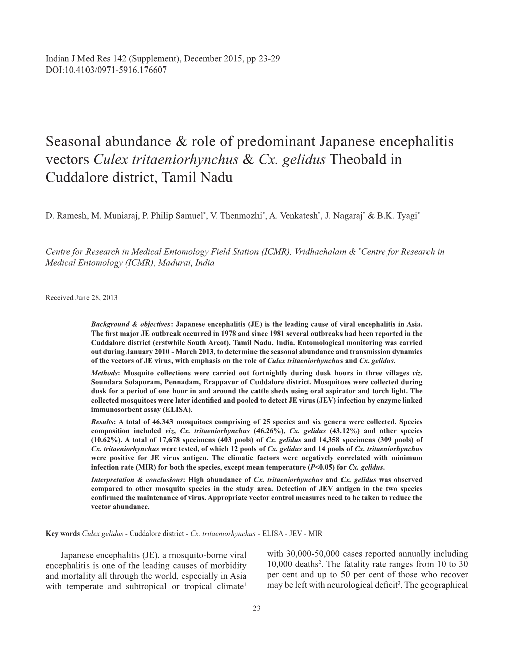 Seasonal Abundance & Role of Predominant Japanese Encephalitis