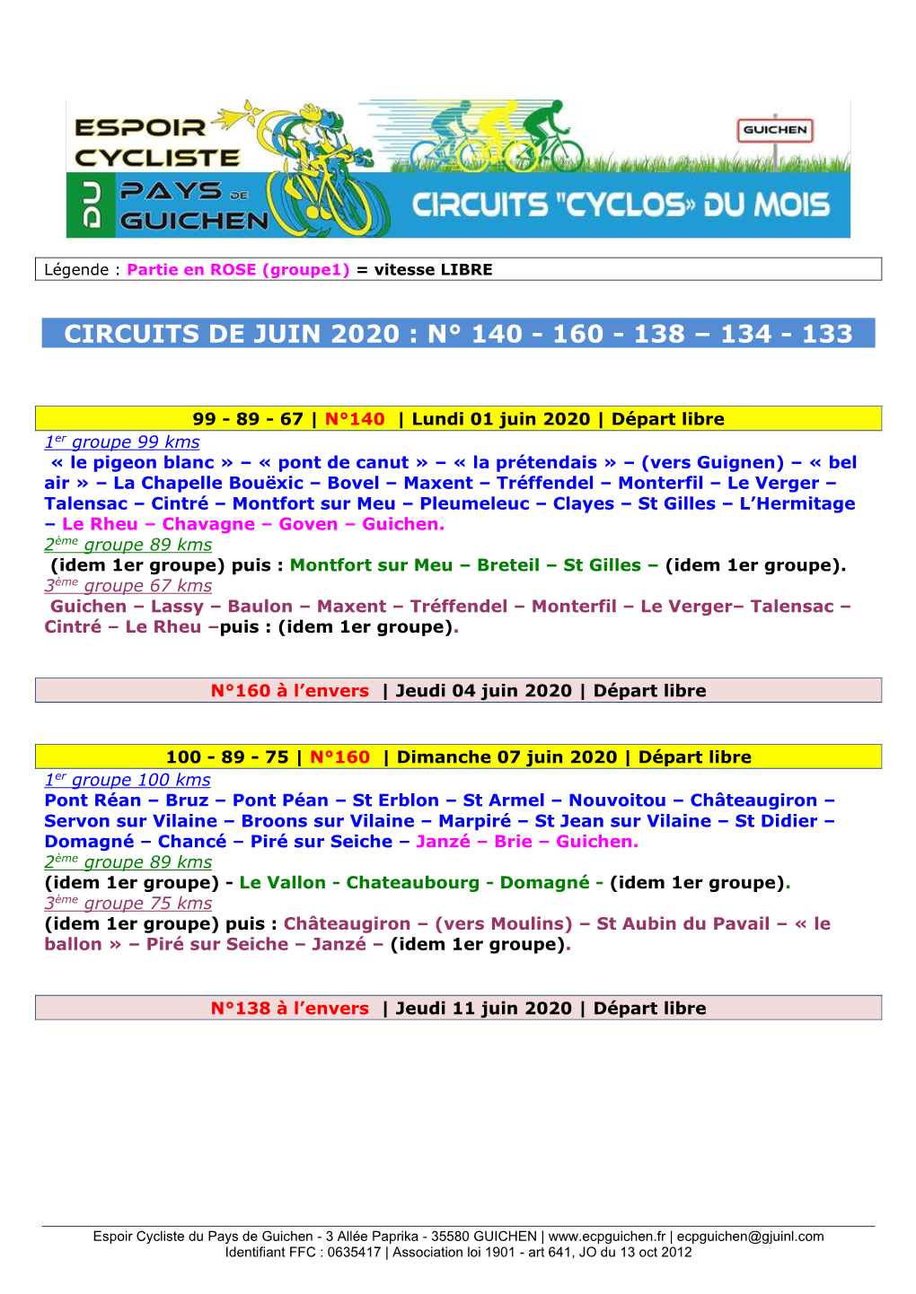 Circuits De Juin 2020 : N° 140 - 160 - 138 – 134 - 133
