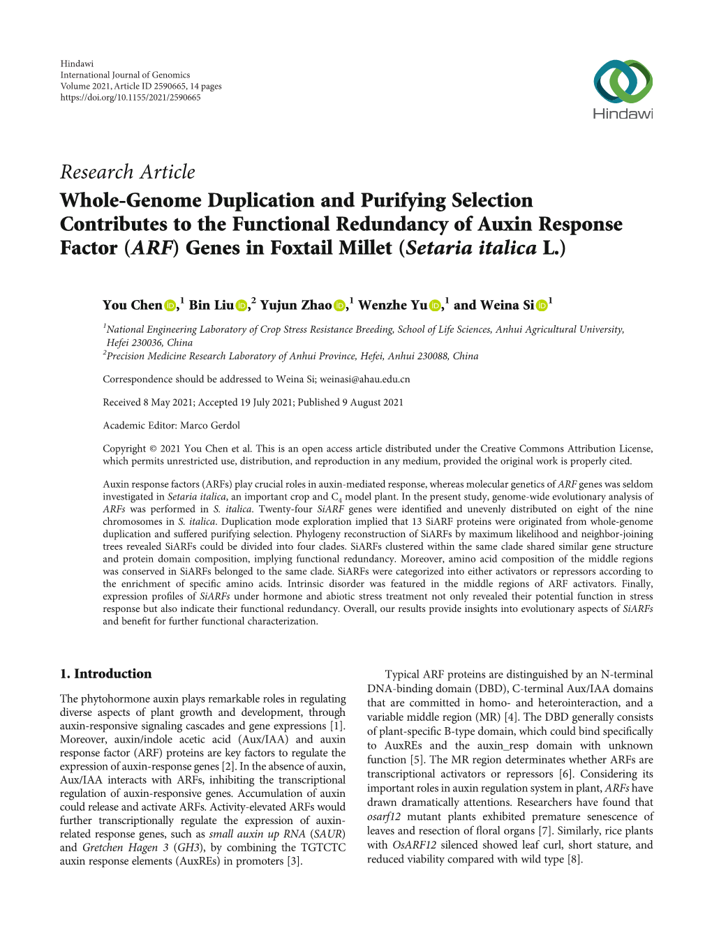 Whole-Genome Duplication and Purifying Selection Contributes to the Functional Redundancy of Auxin Response Factor (ARF) Genes in Foxtail Millet (Setaria Italica L.)