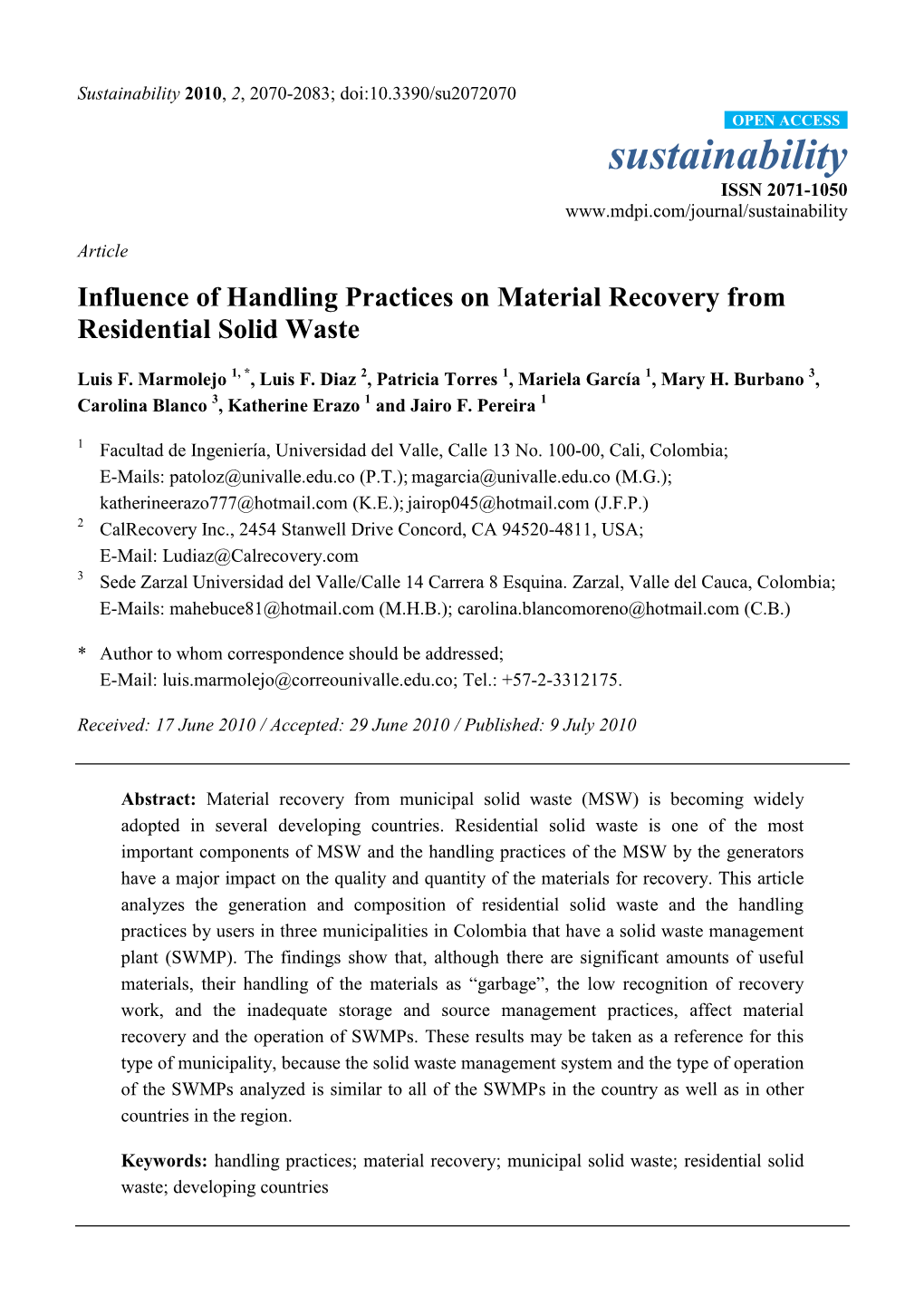 Influence of Handling Practices on Material Recovery from Residential Solid Waste