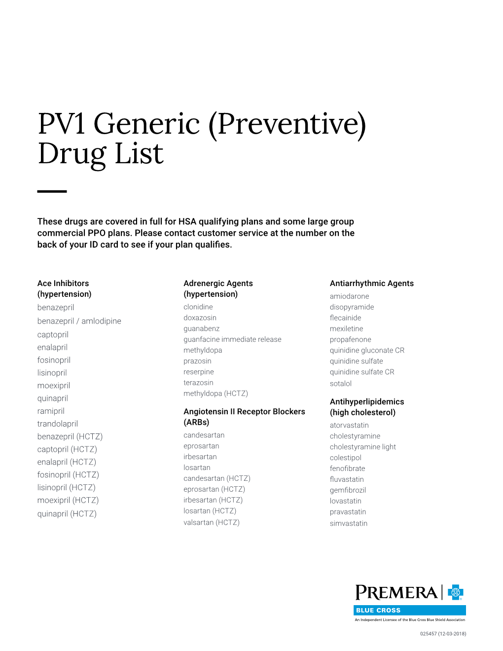 PV1 Generic Preventive Drug List