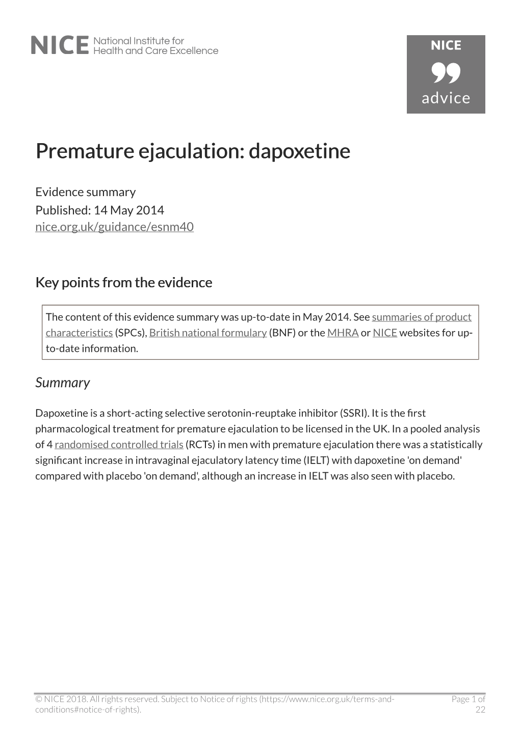 Premature Ejaculation: Dapoxetine