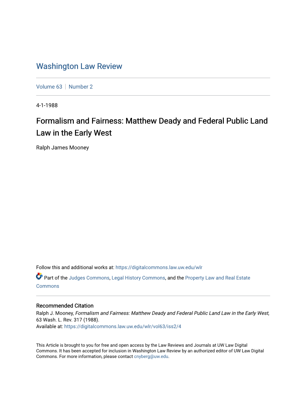 Matthew Deady and Federal Public Land Law in the Early West