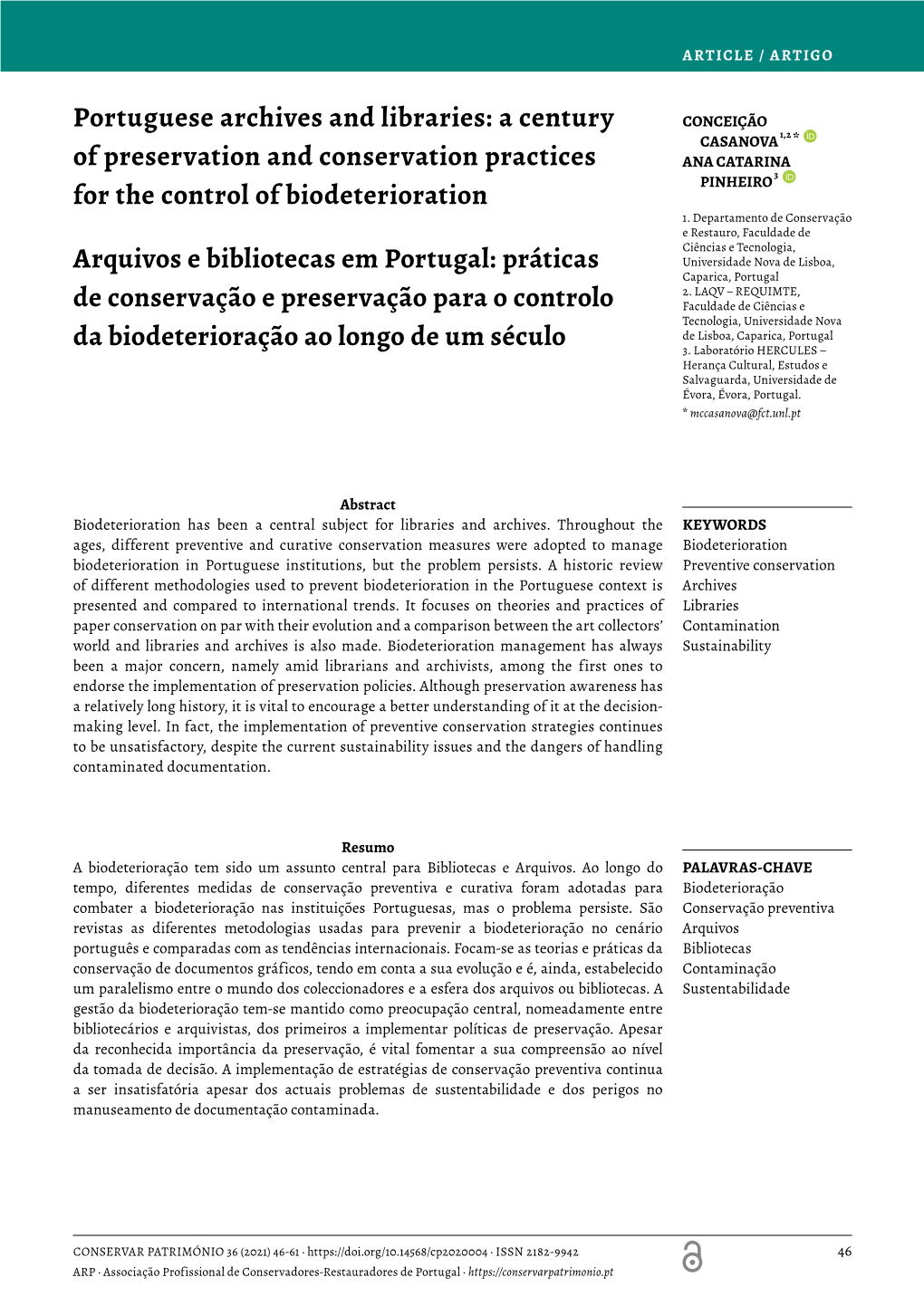 Portuguese Archives and Libraries: a Century of Preservation and Conservation Practices for the Control of Biodeterioration Ar