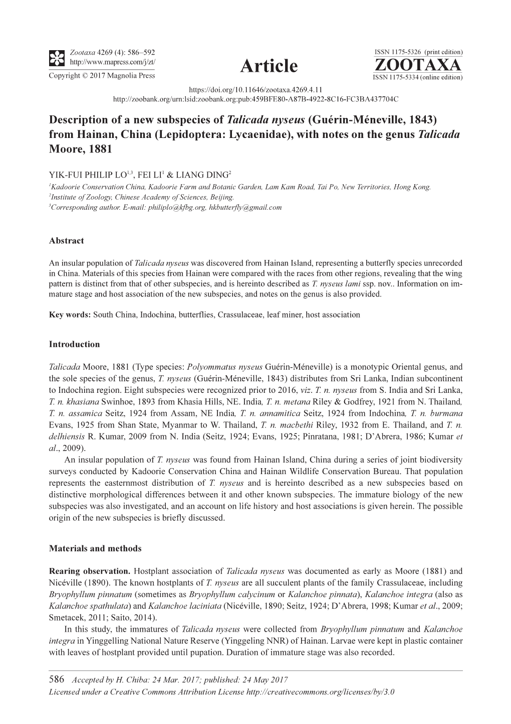 Description of a New Subspecies of Talicada Nyseus (Guérin-Méneville, 1843) from Hainan, China (Lepidoptera: Lycaenidae), with Notes on the Genus Talicada Moore, 1881