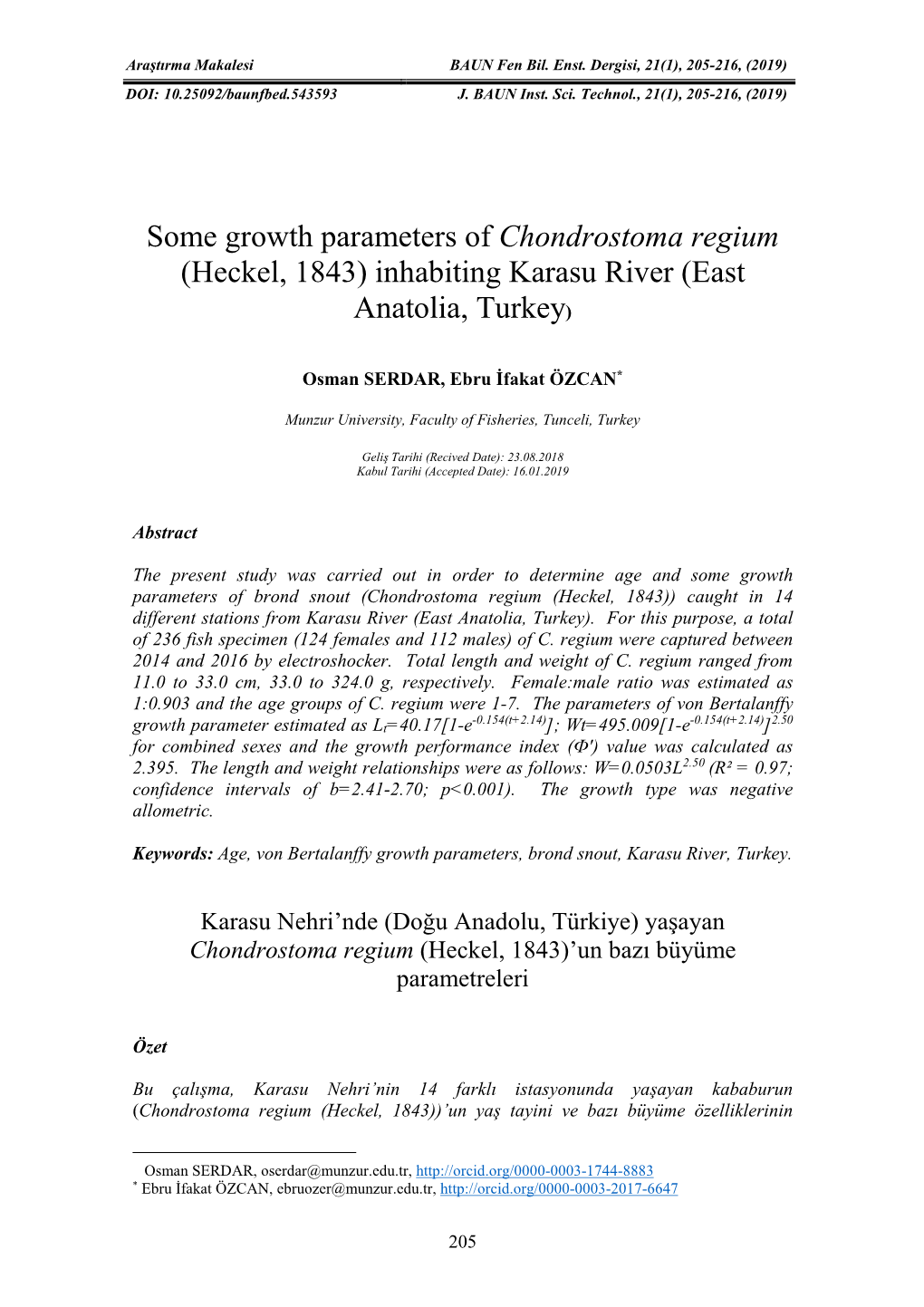 Some Growth Parameters of Chondrostoma Regium (Heckel, 1843) Inhabiting Karasu River (East Anatolia, Turkey)