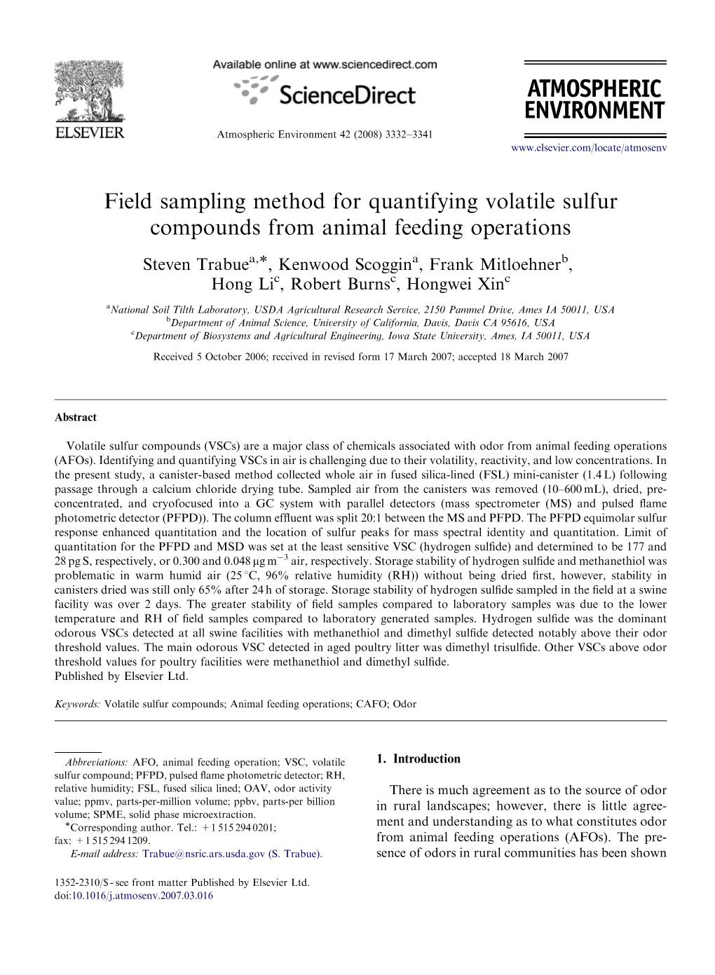 Field Sampling Method for Quantifying Volatile Sulfur Compounds from Animal Feeding Operations