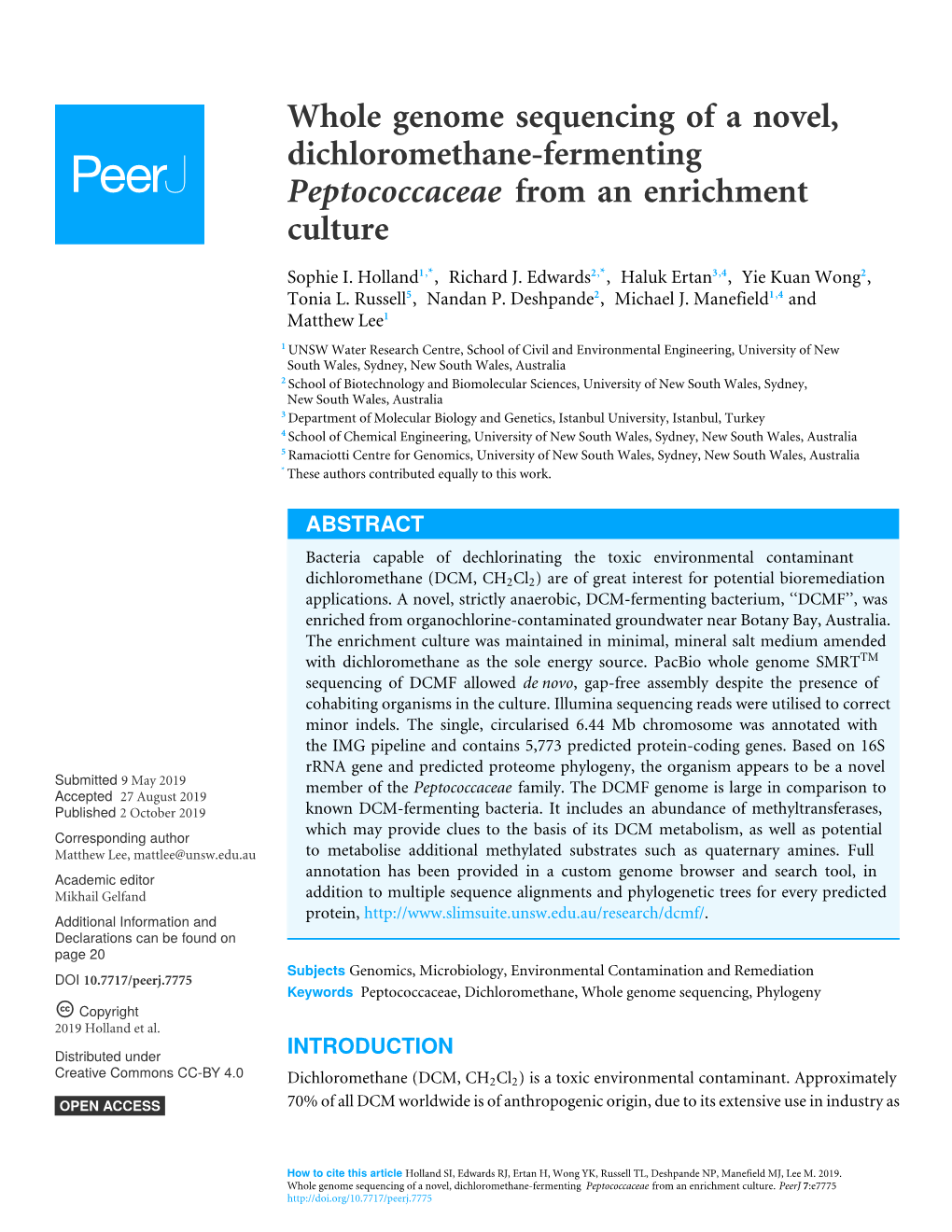 Whole Genome Sequencing of a Novel, Dichloromethane-Fermenting Peptococcaceae from an Enrichment Culture