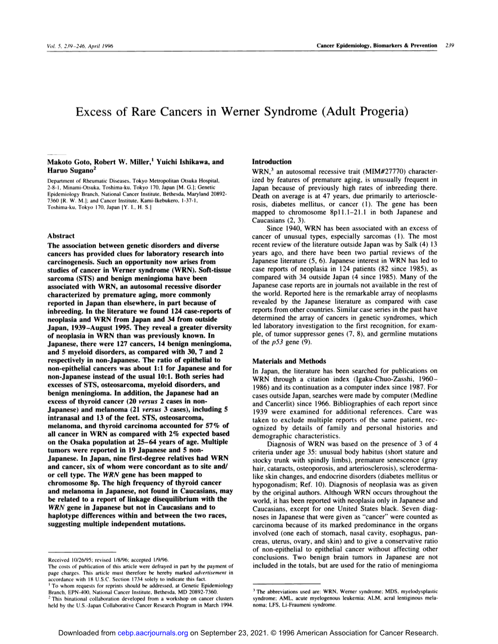 Excess of Rare Cancers in Werner Syndrome (Adult Progeria)