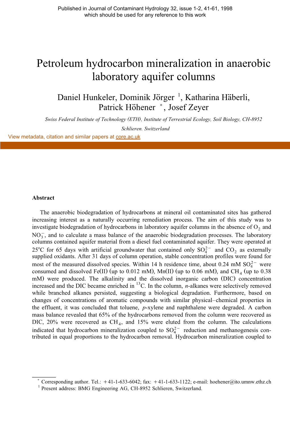 Petroleum Hydrocarbon Mineralization in Anaerobic Laboratory Aquifer Columns