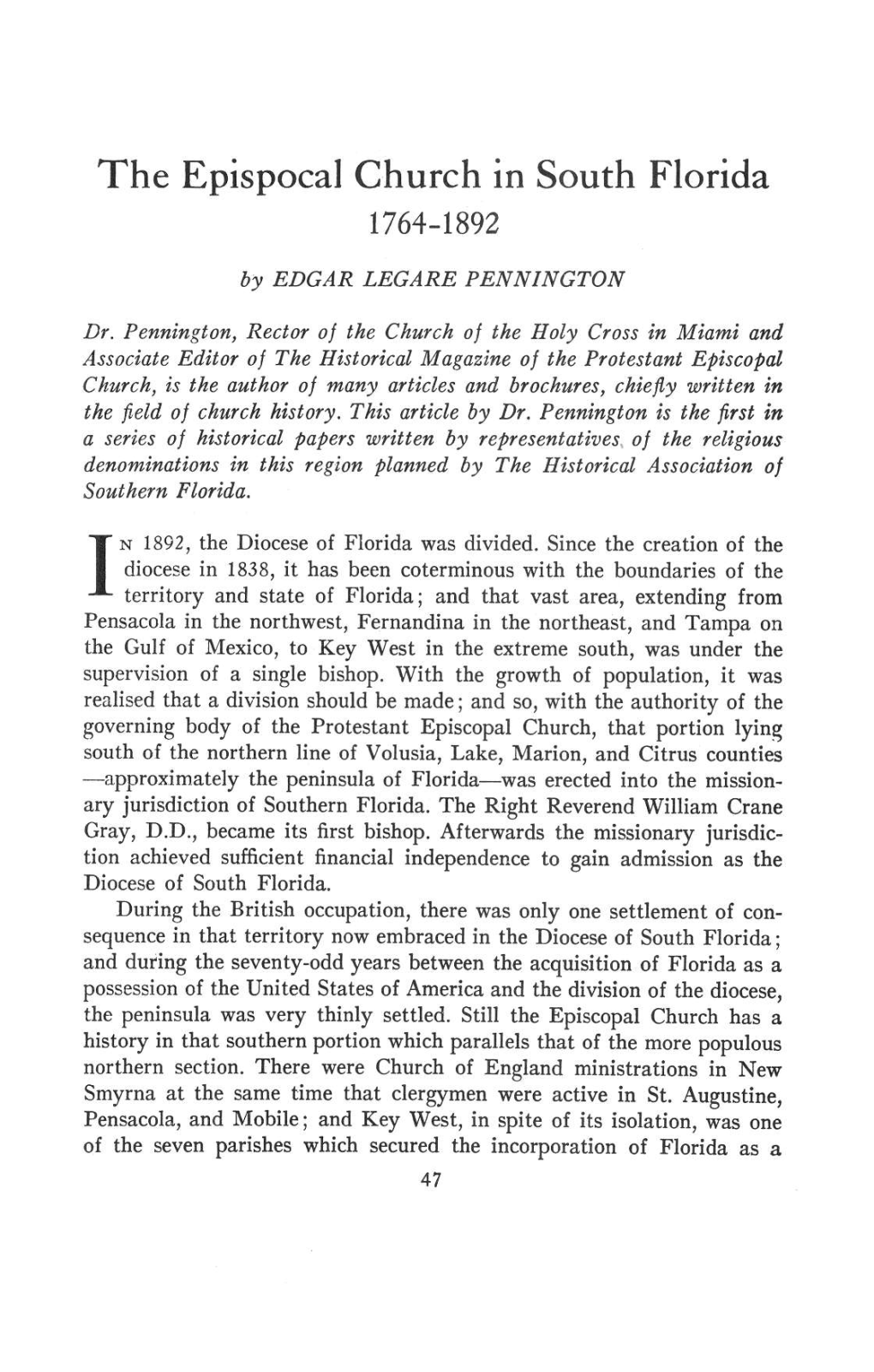 The Epispocal Church in South Florida 1764-1892