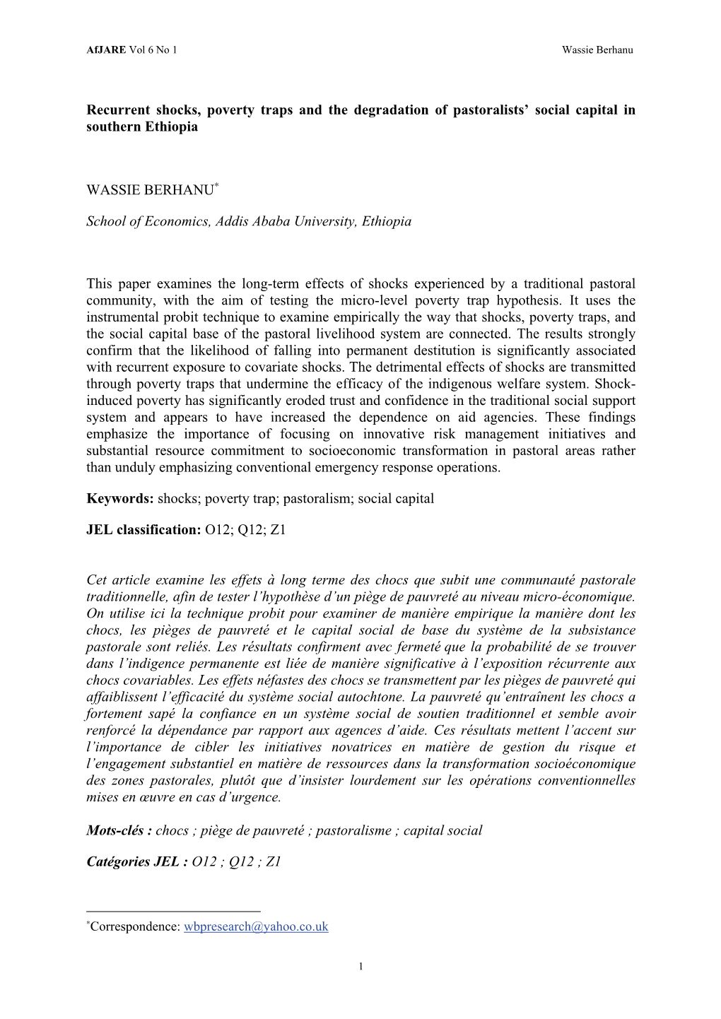 Recurrent Shocks, Poverty Traps and the Degradation of Pastoralists’ Social Capital in Southern Ethiopia