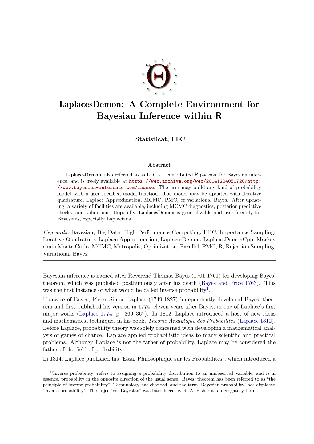 Laplacesdemon: a Complete Environment for Bayesian Inference Within R