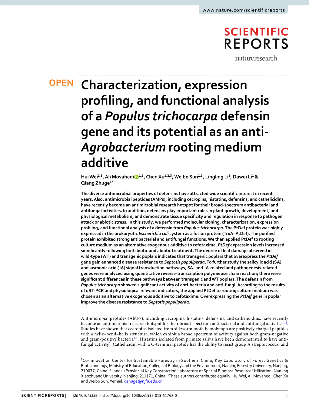 Characterization, Expression Profiling, and Functional Analysis of a Populus Trichocarpa Defensin Gene and Its Potential As an A