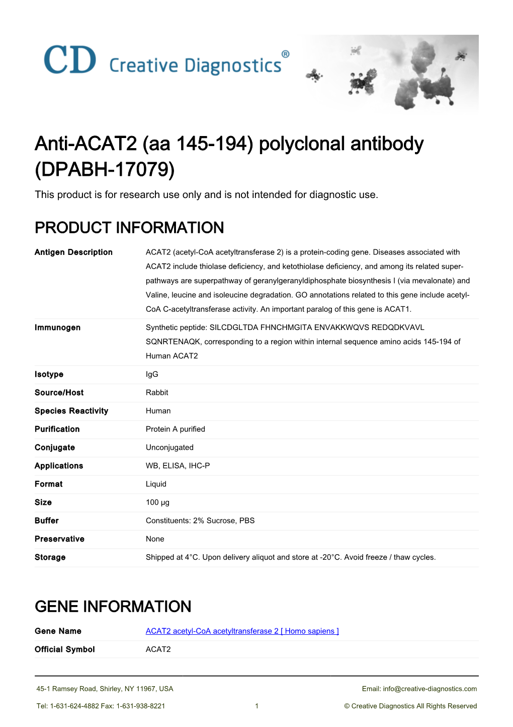 Anti-ACAT2 (Aa 145-194) Polyclonal Antibody (DPABH-17079) This Product Is for Research Use Only and Is Not Intended for Diagnostic Use