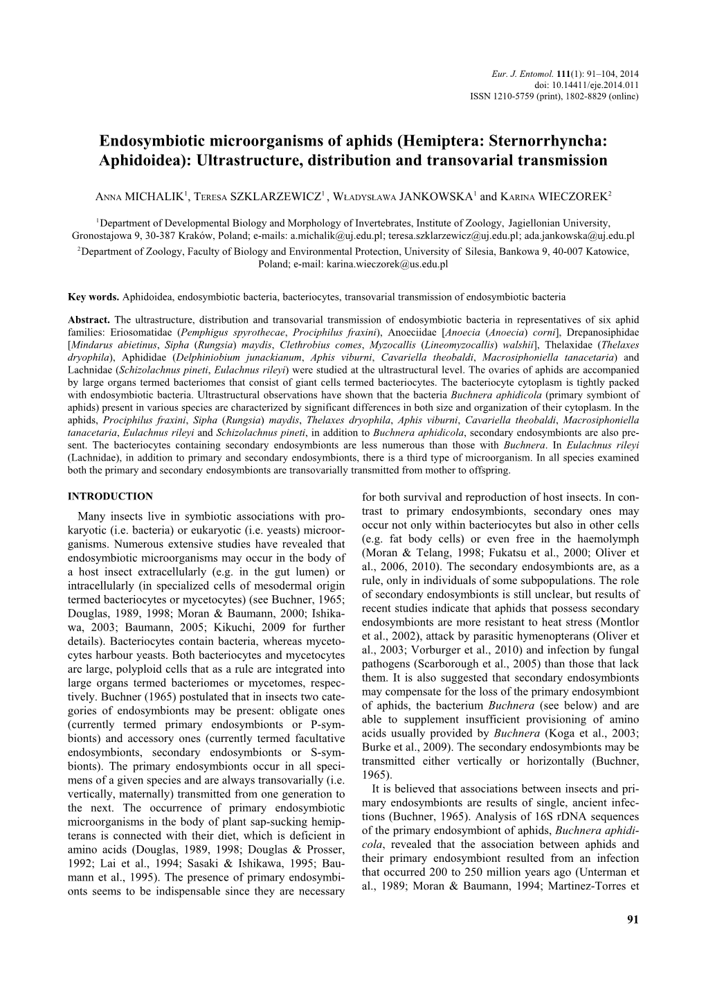 Endosymbiotic Microorganisms of Aphids (Hemiptera: Sternorrhyncha: Aphidoidea): Ultrastructure, Distribution and Transovarial Transmission