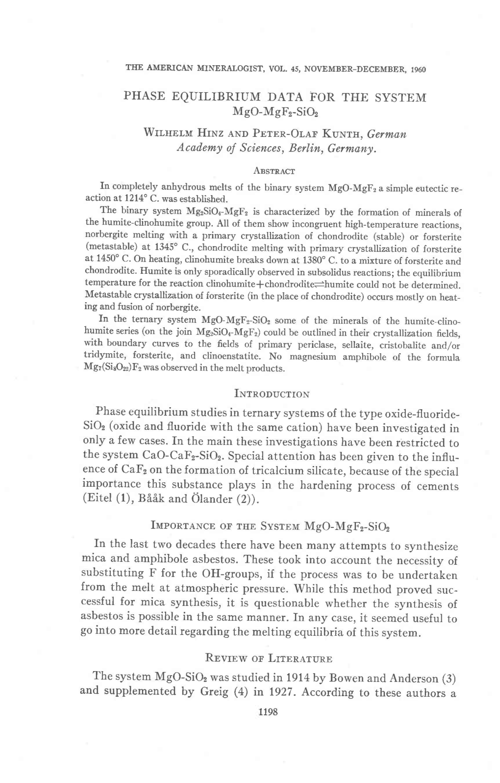 PHASE EQUILIBRIUM DATA for the SYSTEM Mgo-Mgfz-Sioz Wrr