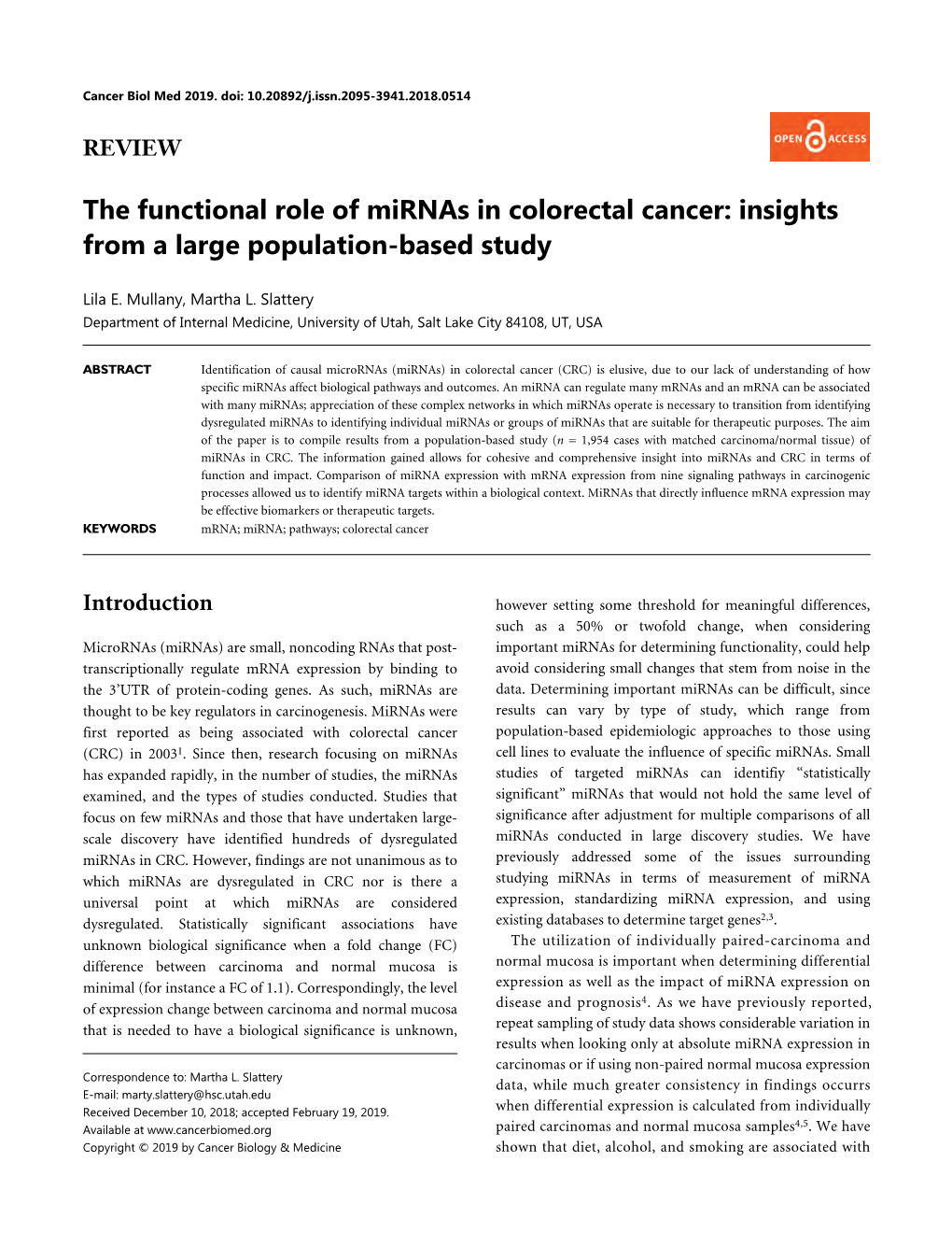 The Functional Role of Mirnas in Colorectal Cancer: Insights from a Large Population-Based Study