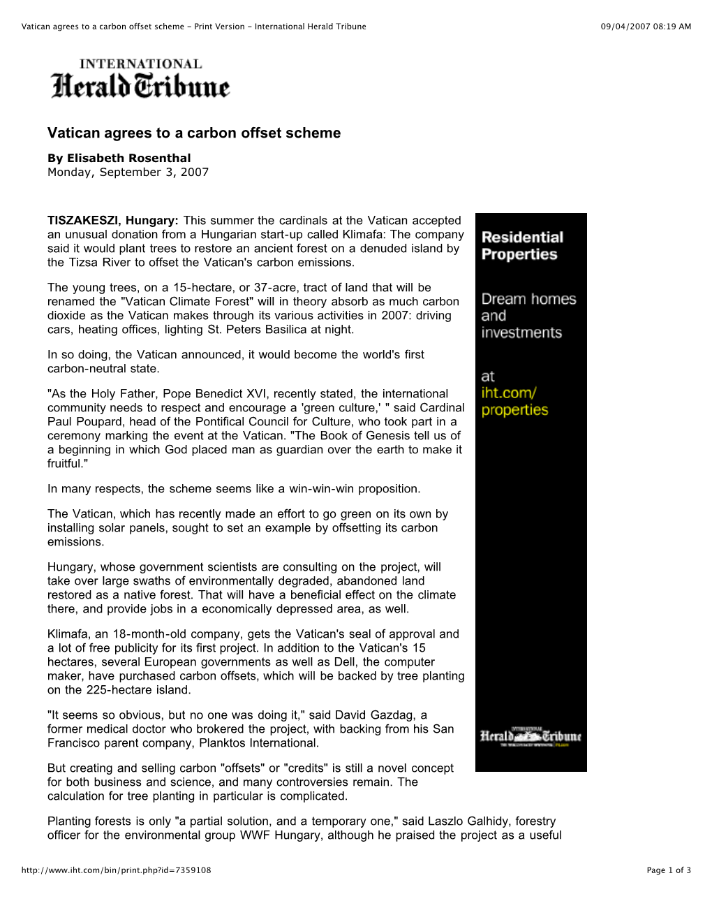 Vatican Agrees to a Carbon Offset Scheme - Print Version - International Herald Tribune 09/04/2007 08:19 AM