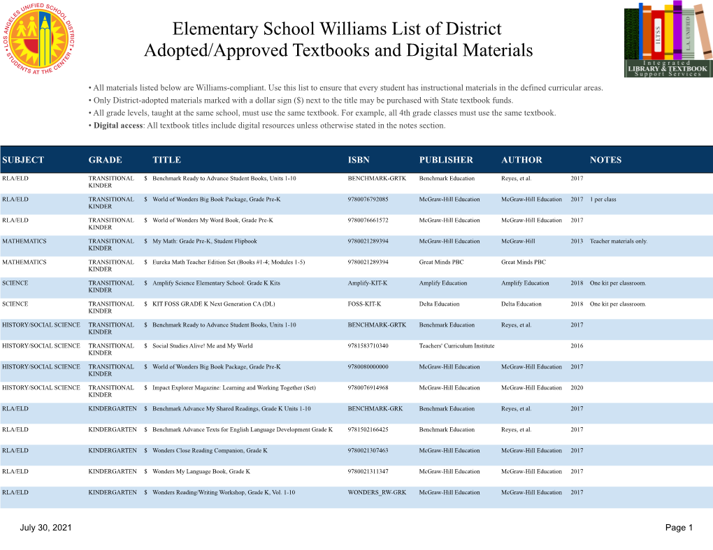 Elementary School Textbook Williams List