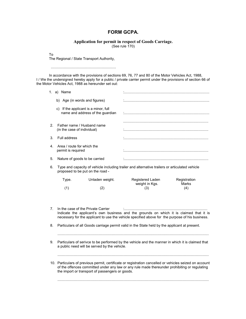 Application for Permit in Respect of Goods Carriage