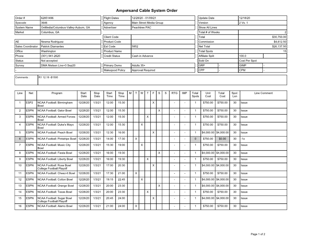 Ampersand Cable System Order