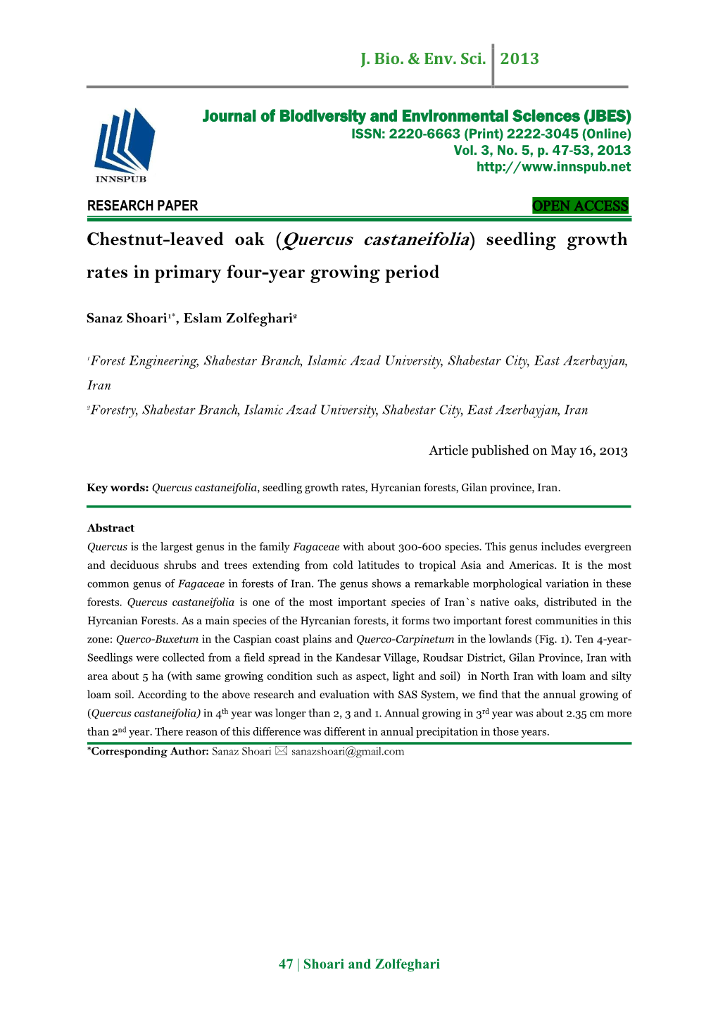 Chestnut-Leaved Oak (Quercus Castaneifolia) Seedling Growth Rates in Primary Four-Year Growing Period