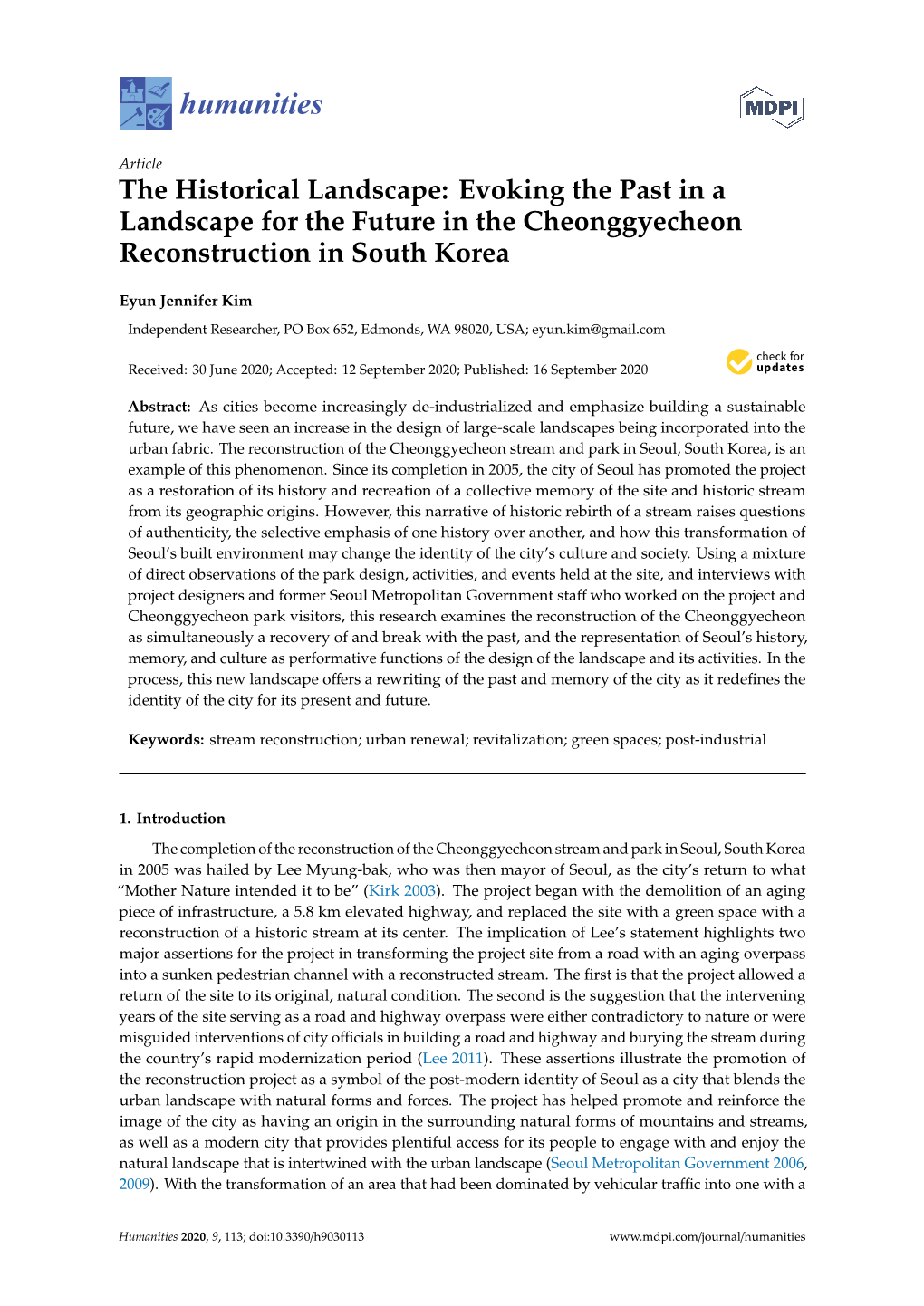 Evoking the Past in a Landscape for the Future in the Cheonggyecheon Reconstruction in South Korea