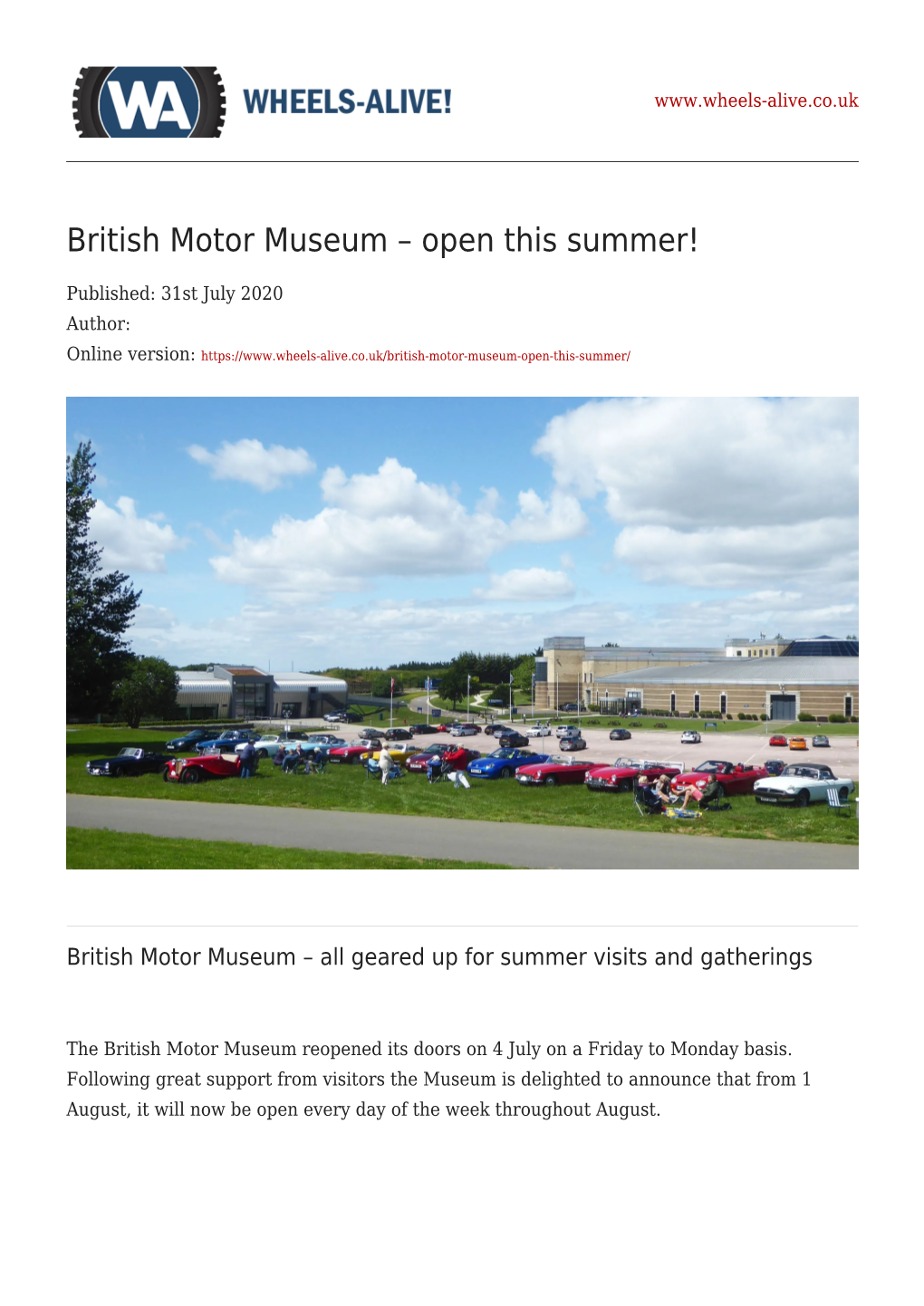British Motor Museum – Open This Summer!