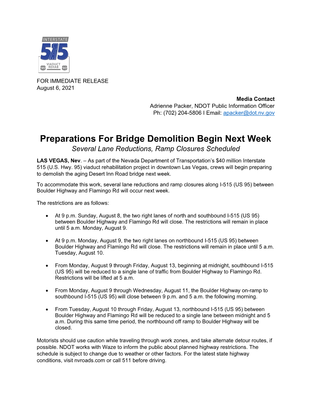 Preparations for Bridge Demolition Begin Next Week Several Lane Reductions, Ramp Closures Scheduled