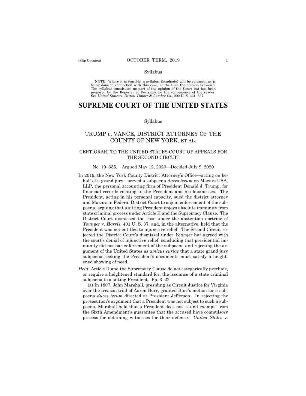 19-635 Trump V. Vance (07/09/2020)