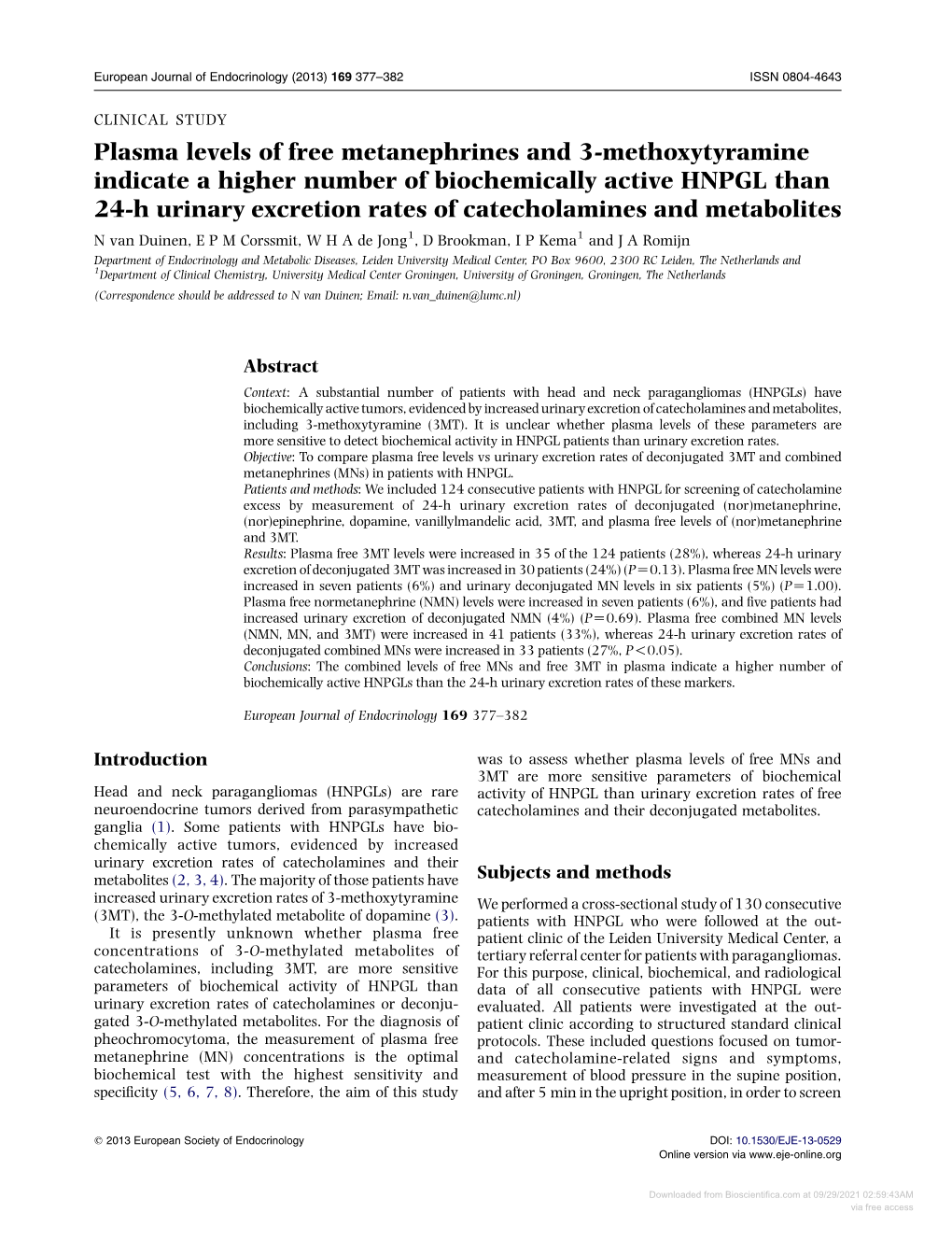 Plasma Levels of Free Metanephrines and 3-Methoxytyramine Indicate a Higher Number of Biochemically Active HNPGL Than 24-H Urina