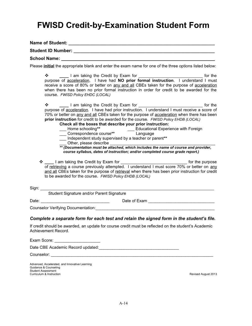 FWISD Credit-By-Examination Student Form