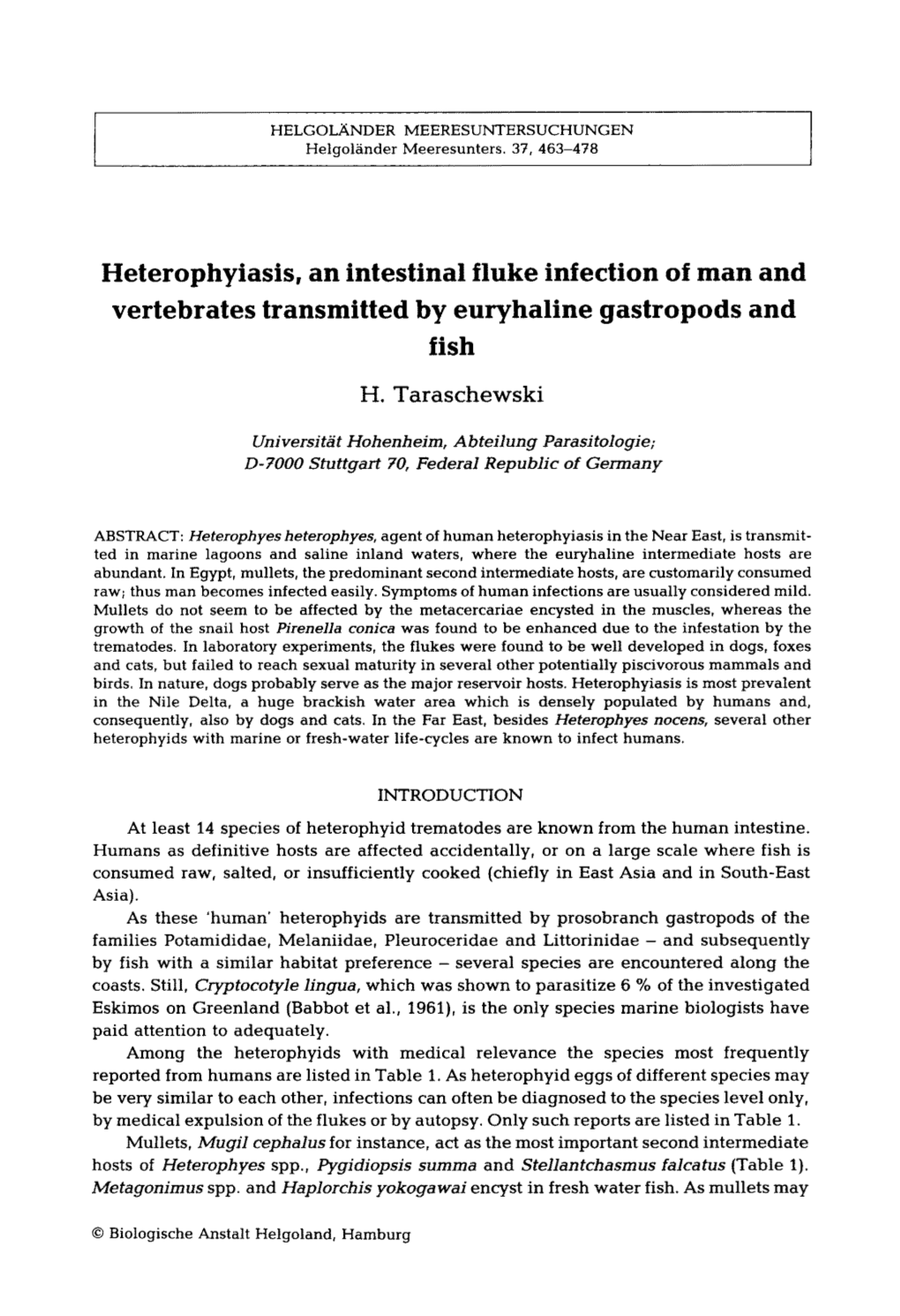 Heterophysiasis, an Intestinal Fluke Infection of Man and Vertebrates Transmitted by Euryhaline Gastropods and Fish