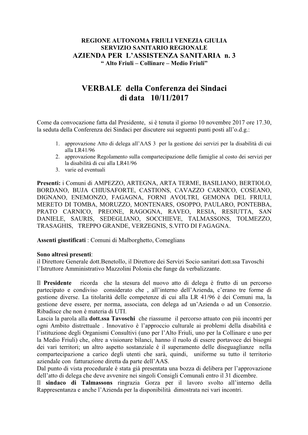 VERBALE Della Conferenza Dei Sindaci Di Data 10/11/2017