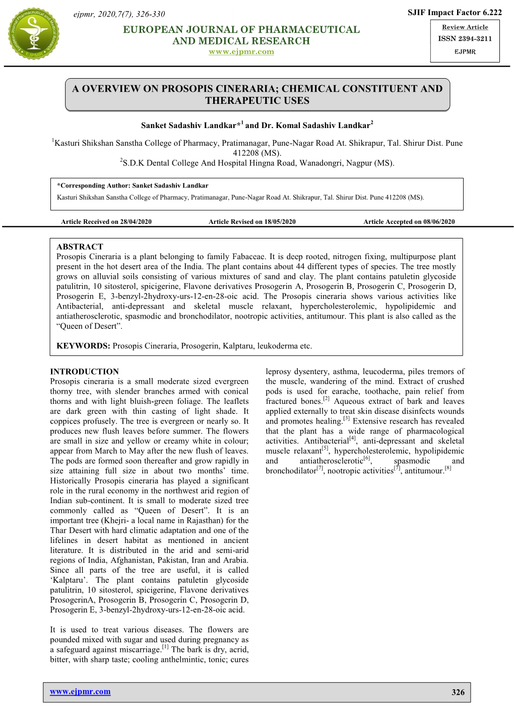 A Overview on Prosopis Cineraria; Chemical Constituent and Therapeutic Uses