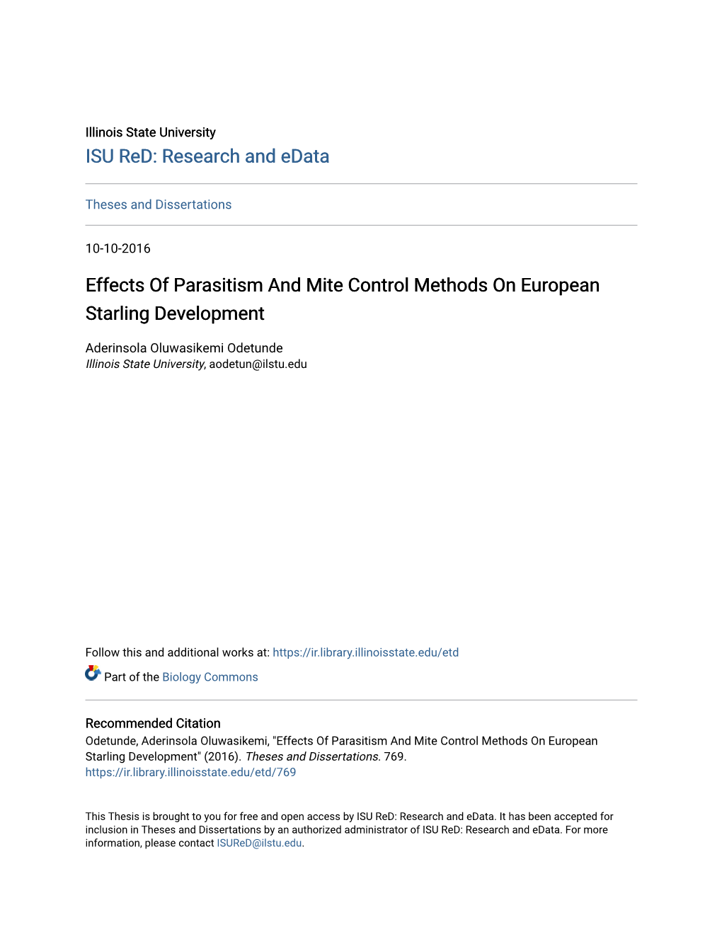 Effects of Parasitism and Mite Control Methods on European Starling Development