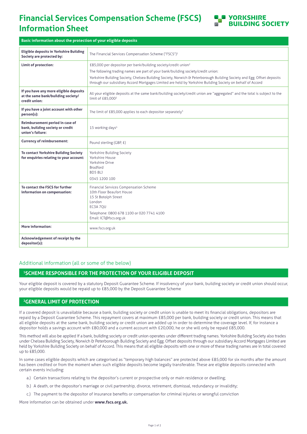 Financial Services Compensation Scheme (FSCS) Information Sheet
