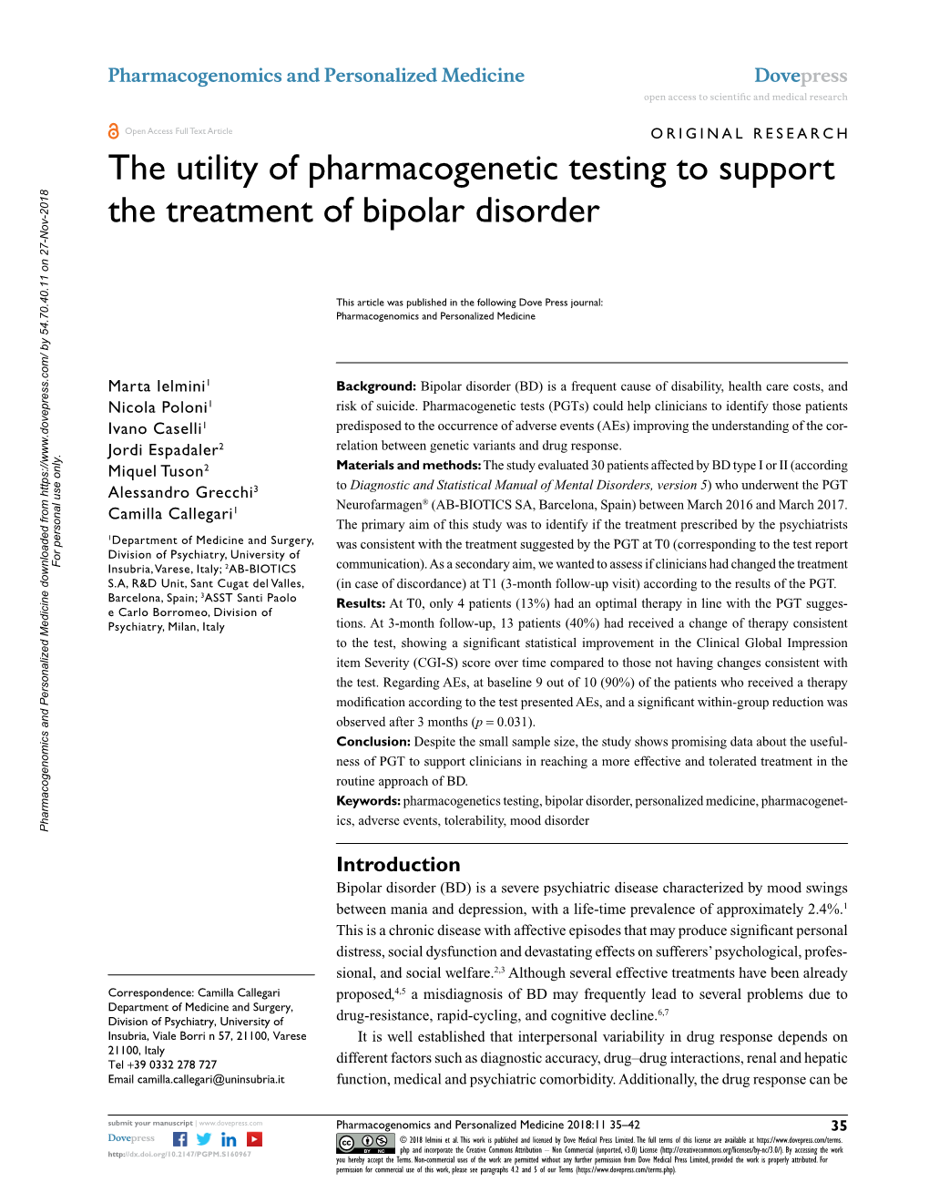 The Utility of Pharmacogenetic Testing to Support the Treatment of Bipolar Disorder