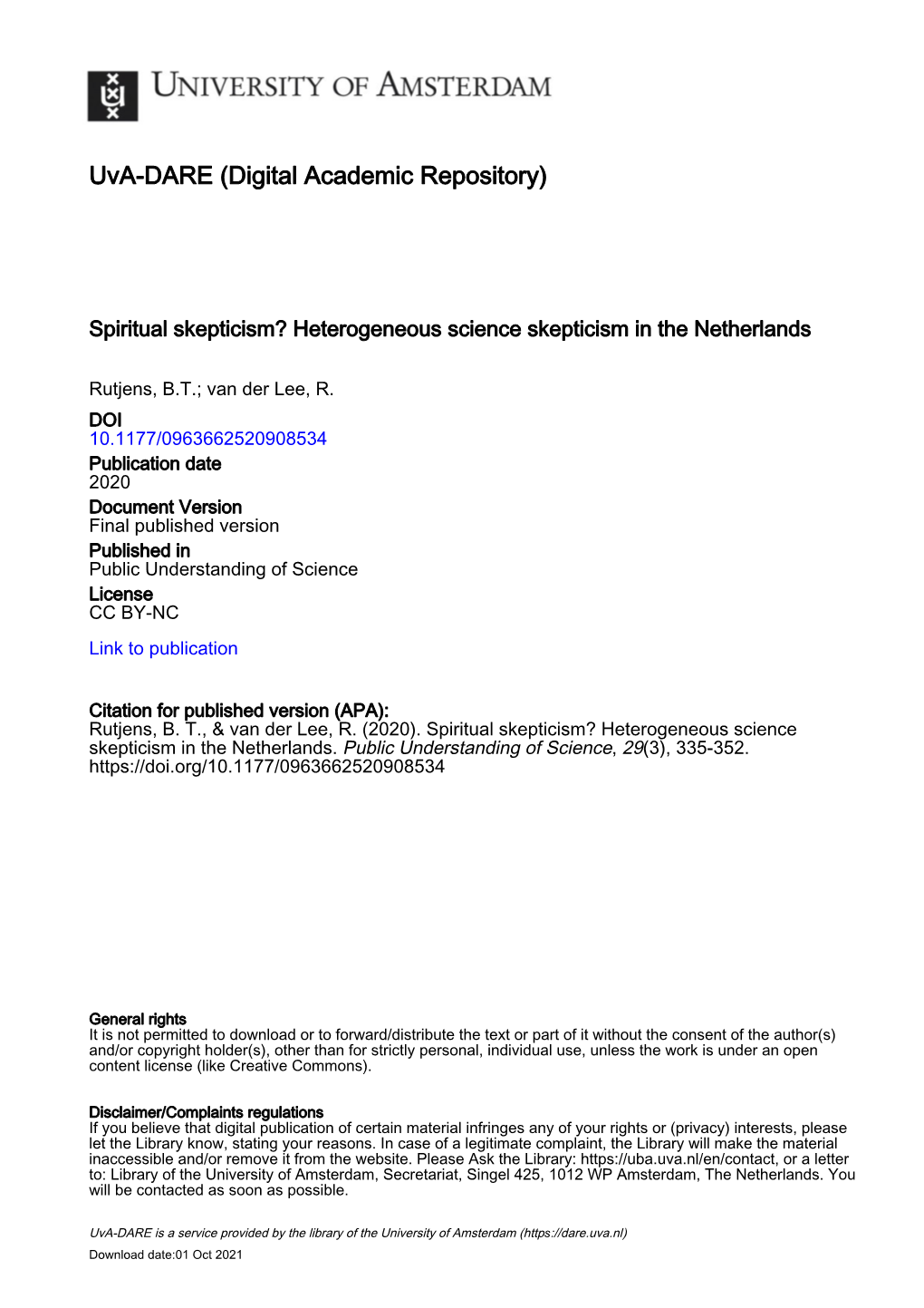 Spiritual Skepticism? Heterogeneous Science Skepticism in the Netherlands