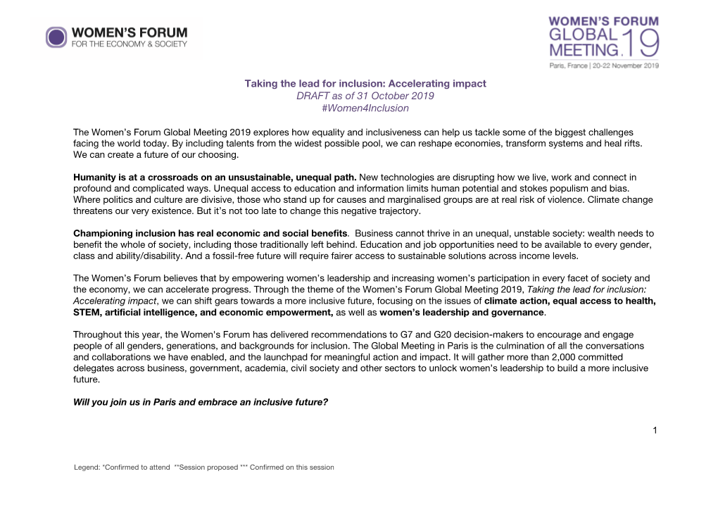 Taking the Lead for Inclusion: Accelerating Impact DRAFT As of 31 October 2019 #Women4inclusion