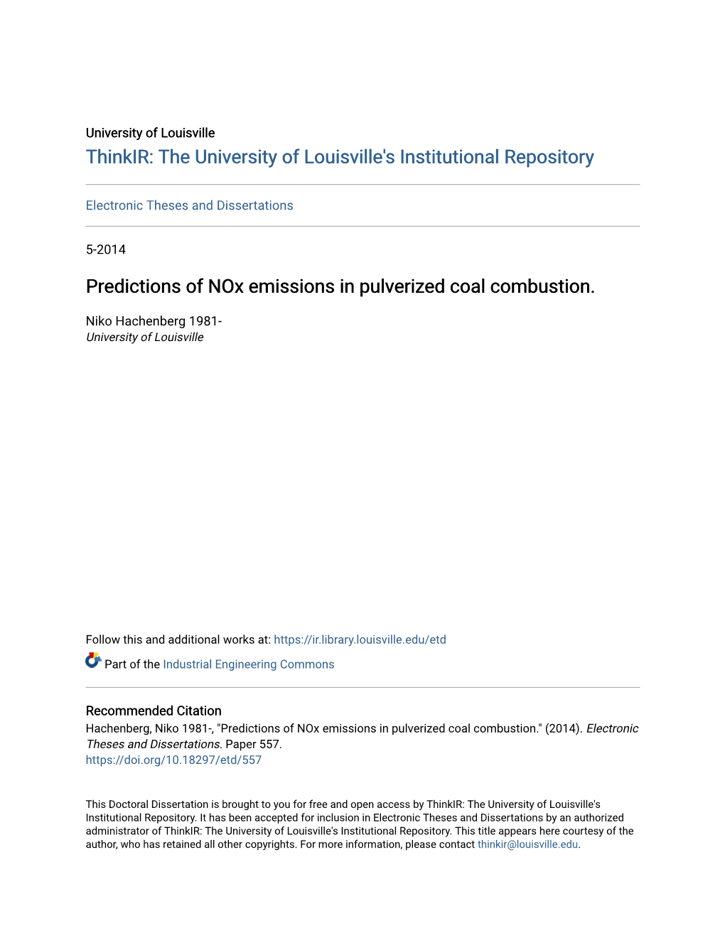 Predictions of Nox Emissions in Pulverized Coal Combustion