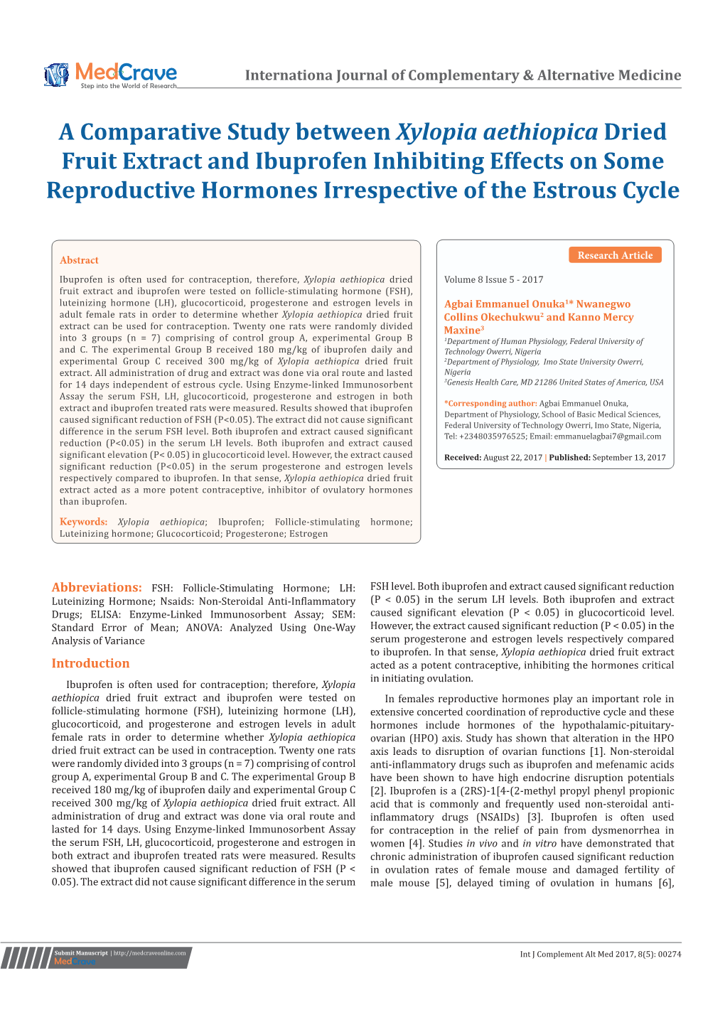A Comparative Study Between Xylopia Aethiopica Dried Fruit Extract and Ibuprofen Inhibiting Effects on Some Reproductive Hormones Irrespective of the Estrous Cycle
