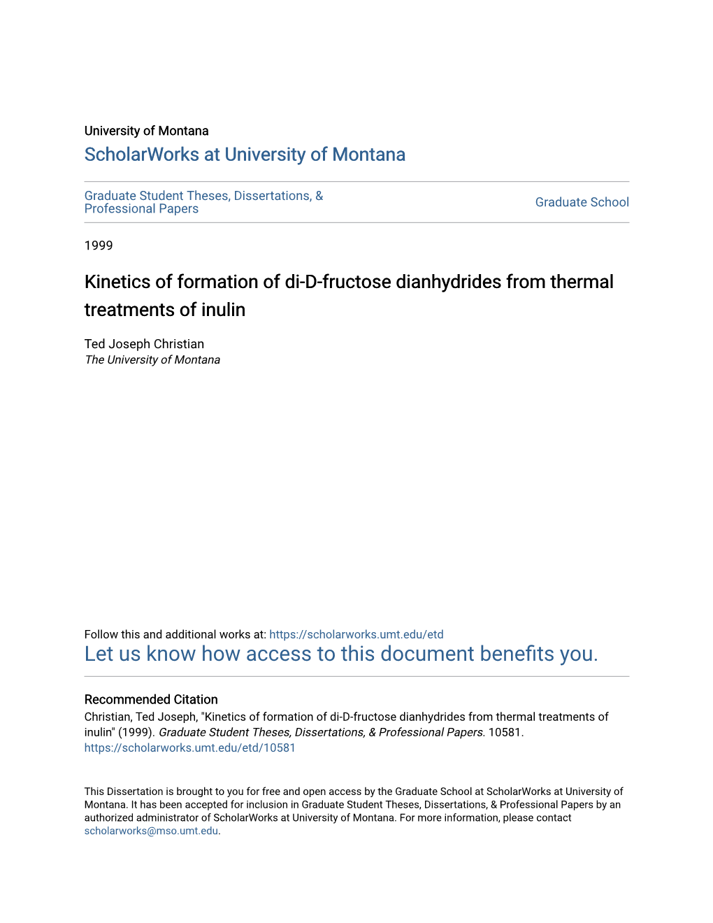 Kinetics of Formation of Di-D-Fructose Dianhydrides from Thermal Treatments of Inulin