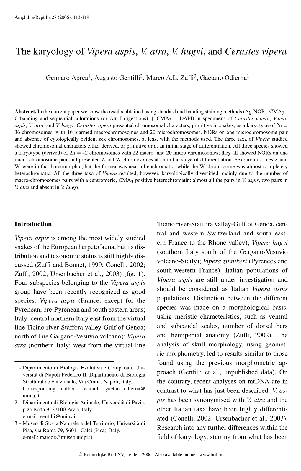 The Karyology of Vipera Aspis, V. Atra, V. Hugyi, and Cerastes Vipera