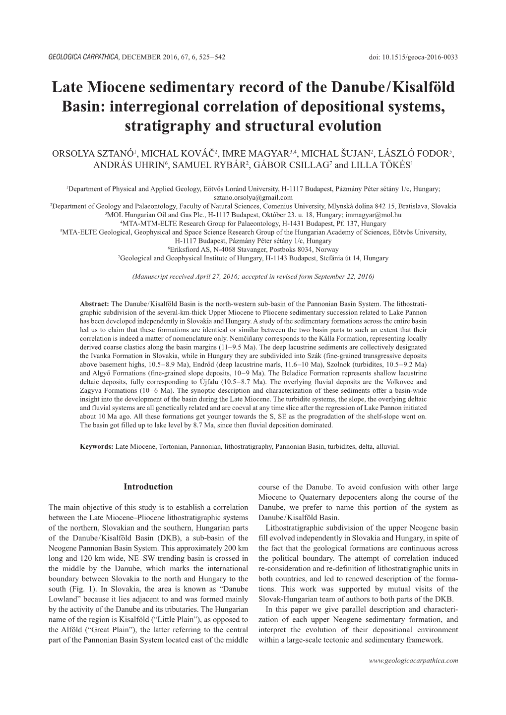 Late Miocene Sedimentary Record of the Danube / Kisalföld Basin: Interregional Correlation of Depositional Systems, Stratigraphy and Structural Evolution