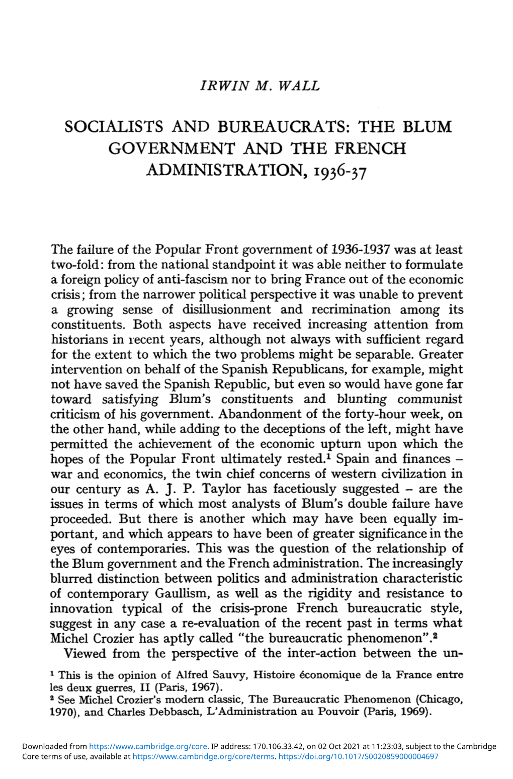Socialists and Bureaucrats: the Blum Government and the French Administration, 1936-37