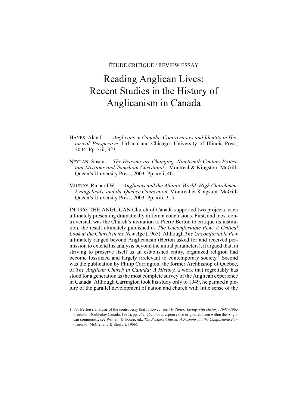 Recent Studies in the History of Anglicanism in Canada